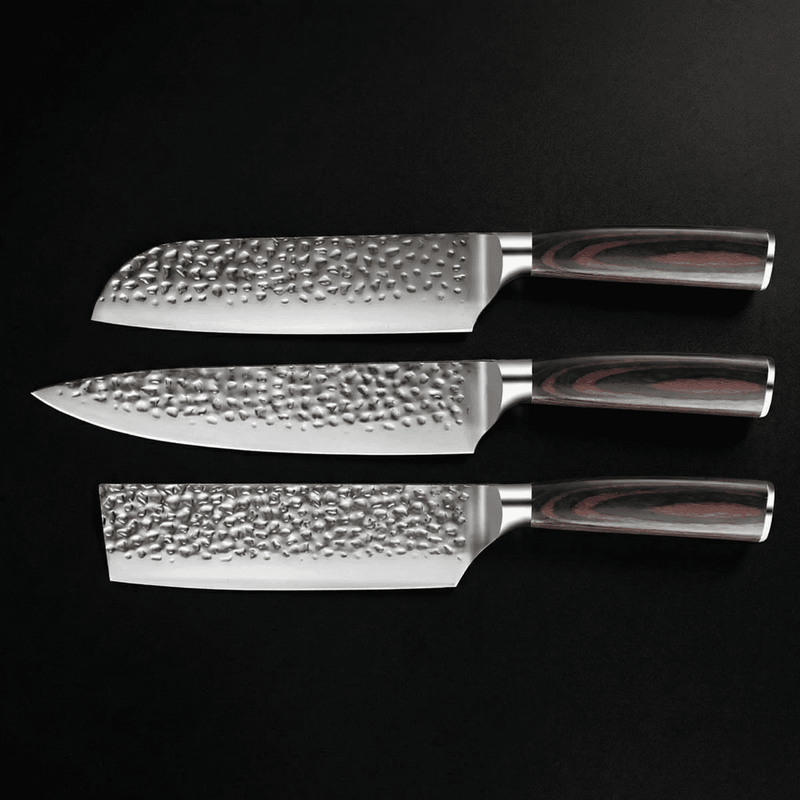 Japanese Hammered Damascus Chef Knife Set – 3-Piece Set